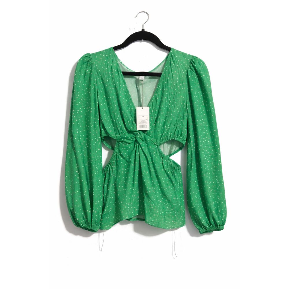 Green Long Sleeve Twist Front Blouse Cutout Waist Peplum Top, Elegant V-Neck